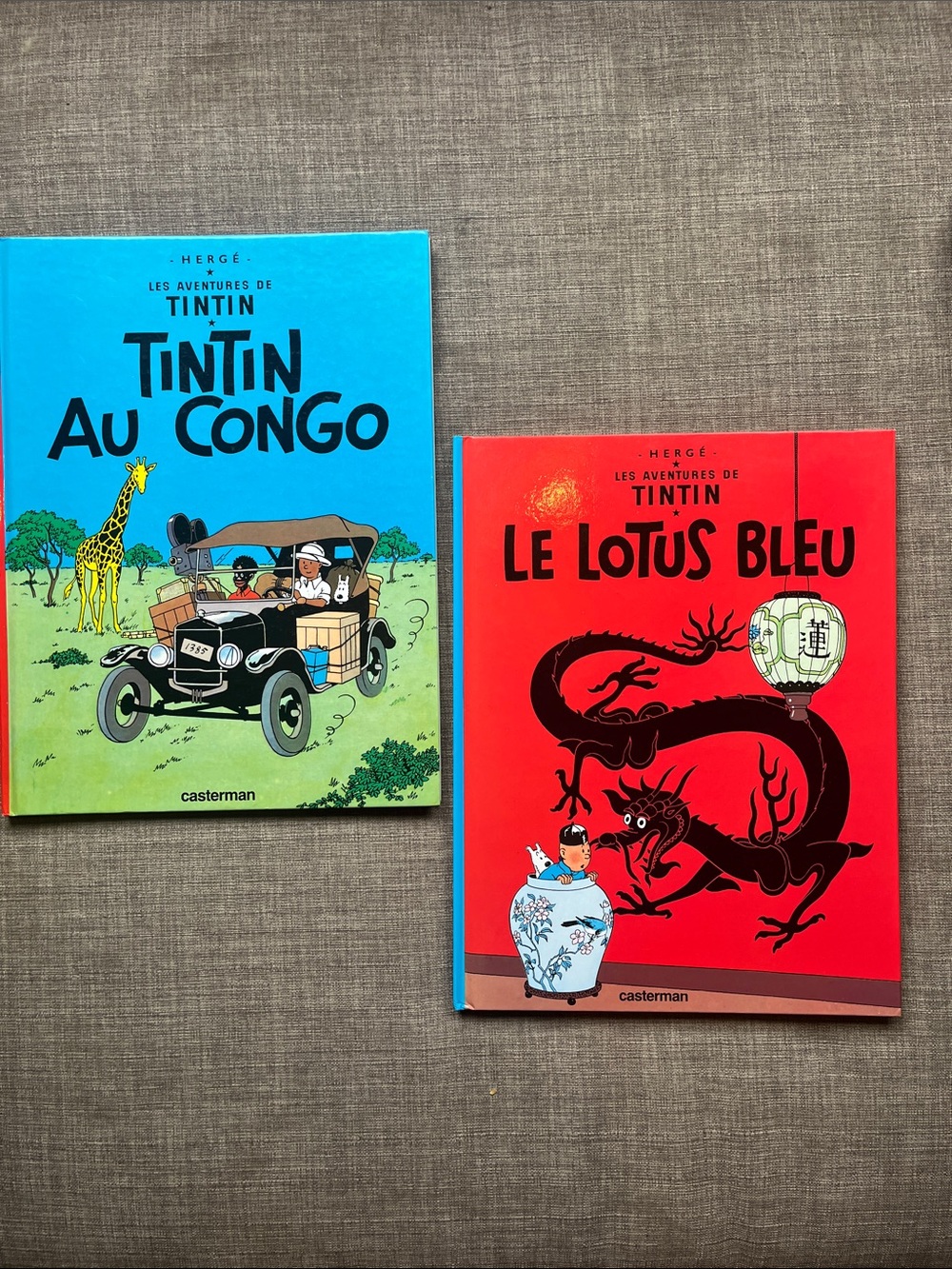 Vintage Les Adventures of Tin Tin Au Congo and Le Lotus Bleu Hardcover Books